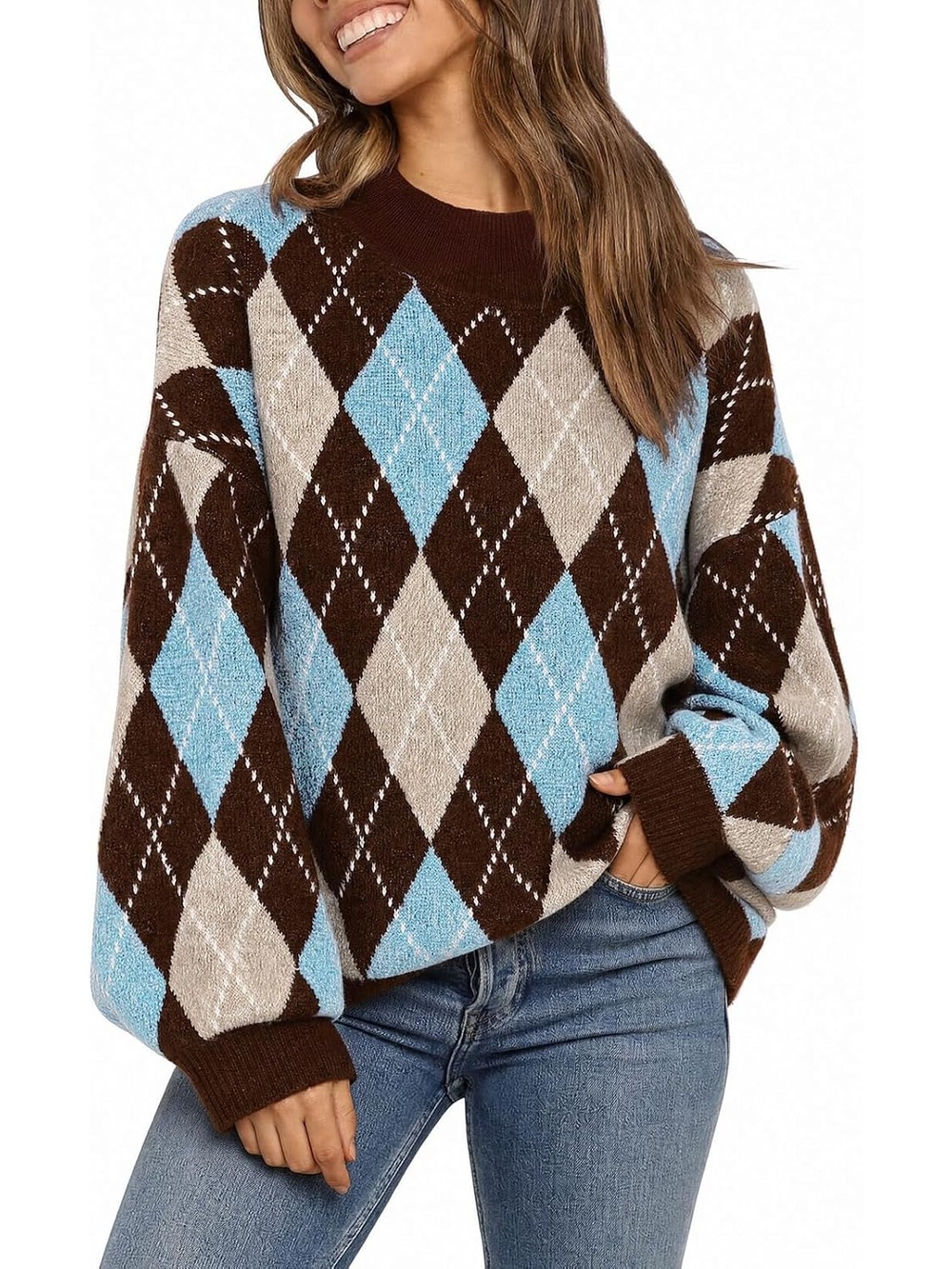 🆕 Women's Brown Argyle Plaid Sweater Oversized Lantern Sleeve Pullover Top